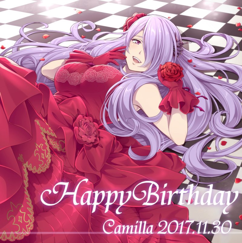 breasts camilla_(fire_emblem_if) dress fire_emblem fire_emblem_if floor gloves hair_over_one_eye hiyori_(rindou66) large_breasts lips long_hair looking_at_viewer purple_hair smile very_long_hair violet_eyes wavy_hair