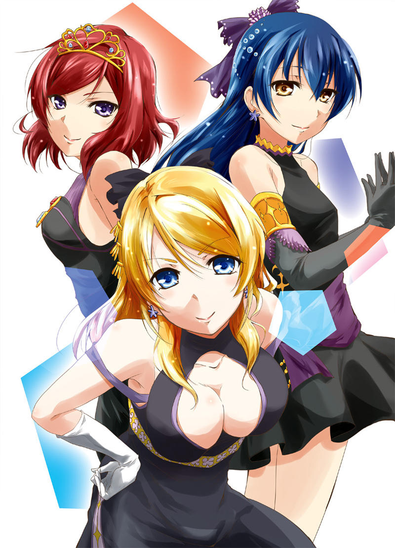 3girls ayase_eli bangs black_dress black_gloves blonde_hair blue_eyes blue_hair blush breasts closed_mouth dress earrings elbow_gloves gloves hair_between_eyes hair_ornament hair_ribbon jewelry long_hair looking_at_viewer love_live! love_live!_school_idol_project multiple_girls nishikino_maki redhead ribbon short_hair sleeveless sleeveless_dress smile soldier_game sonoda_umi tiara urutsu_sahari violet_eyes white_gloves