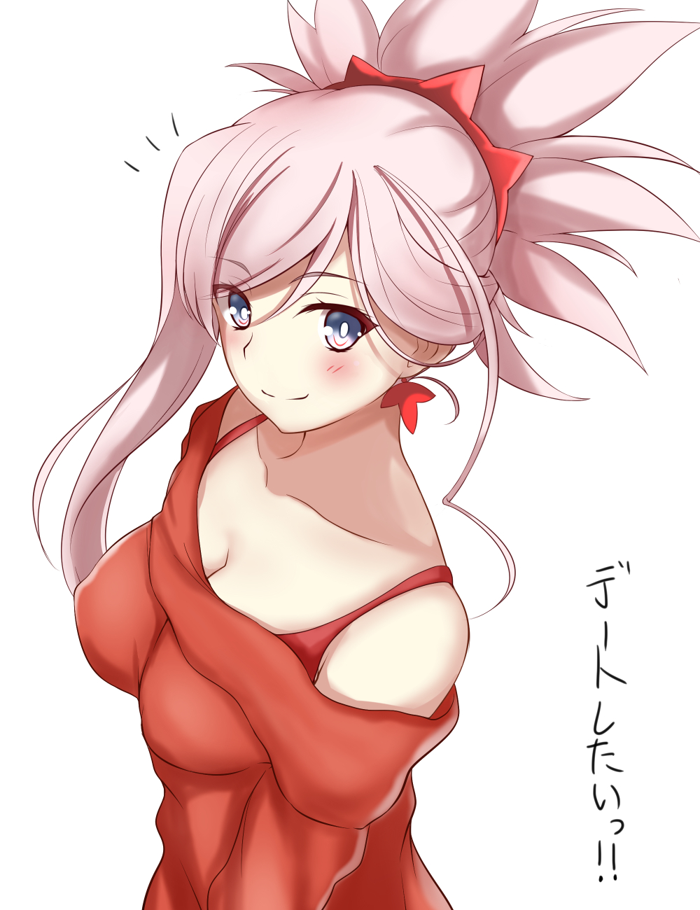 alternate_costume asymmetrical_hair blue_eyes blush breasts casual cleavage collarbone contemporary earrings fate/grand_order fate_(series) hair_ornament highres japanese_text jewelry large_breasts leaf_print looking_at_viewer miyamoto_musashi_(fate/grand_order) nagishy pink_hair ponytail simple_background sweater translated white_background