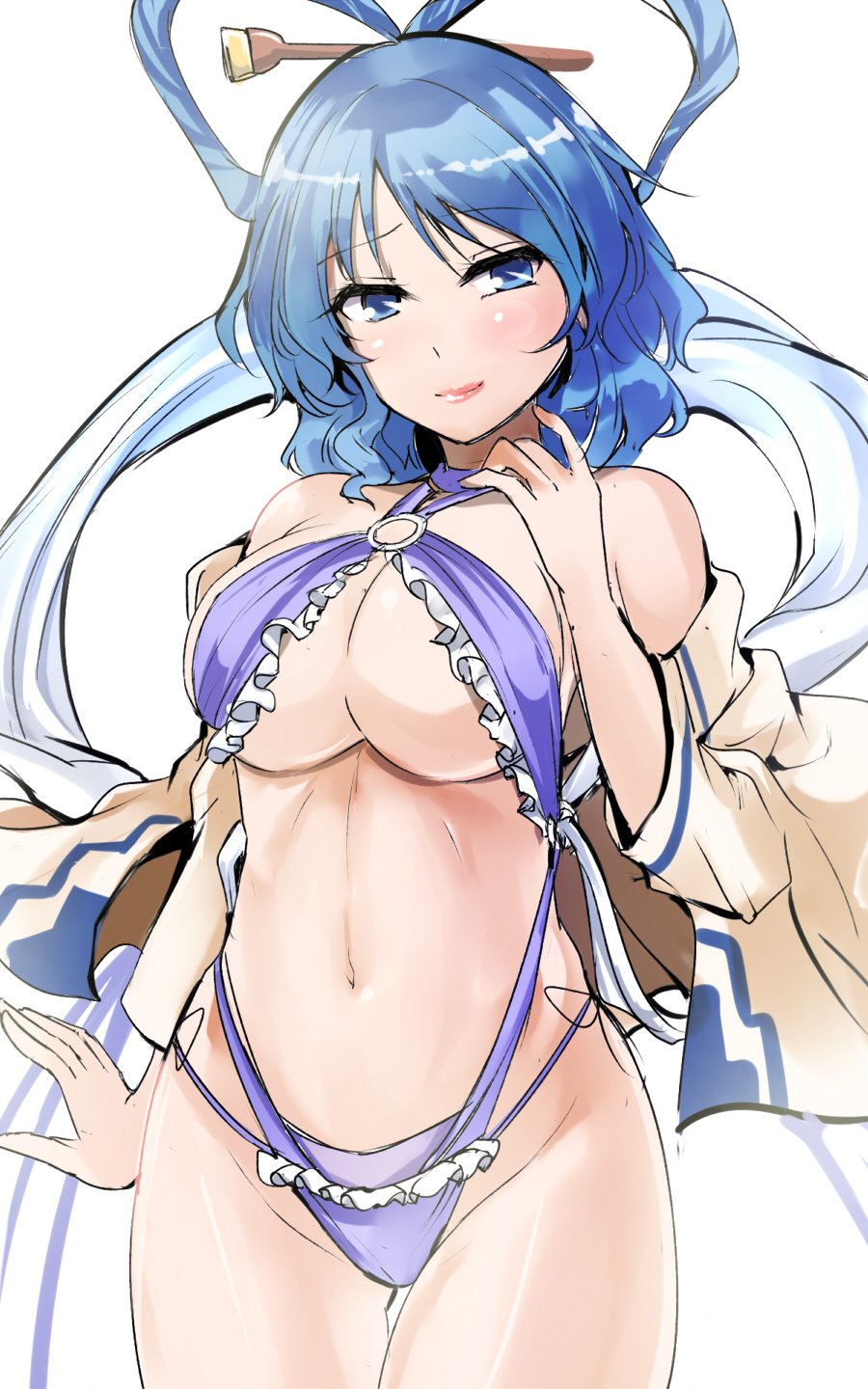 1girl blue_eyes blue_hair blue_swimsuit breasts closed_mouth cowboy_shot hair_ornament hair_rings hair_stick hand_up highres kaku_seiga large_breasts lips looking_at_viewer navel o-ring shawl simple_background sketch slingshot_swimsuit smile solo stomach swimsuit thigh_gap touhou under_boob wavy_hair white_background y2