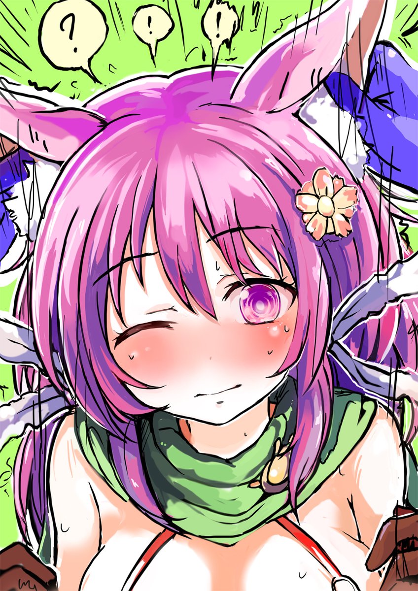 ! 1girl ? animal_ears bashira_(sennen_sensou_aigis) blush breasts cat_ears cleavage gloves green_background hair_ornament highres kamemushi_(hoozuki) looking_at_viewer pov purple_hair sennen_sensou_aigis simple_background speech_bubble touching_ears violet_eyes