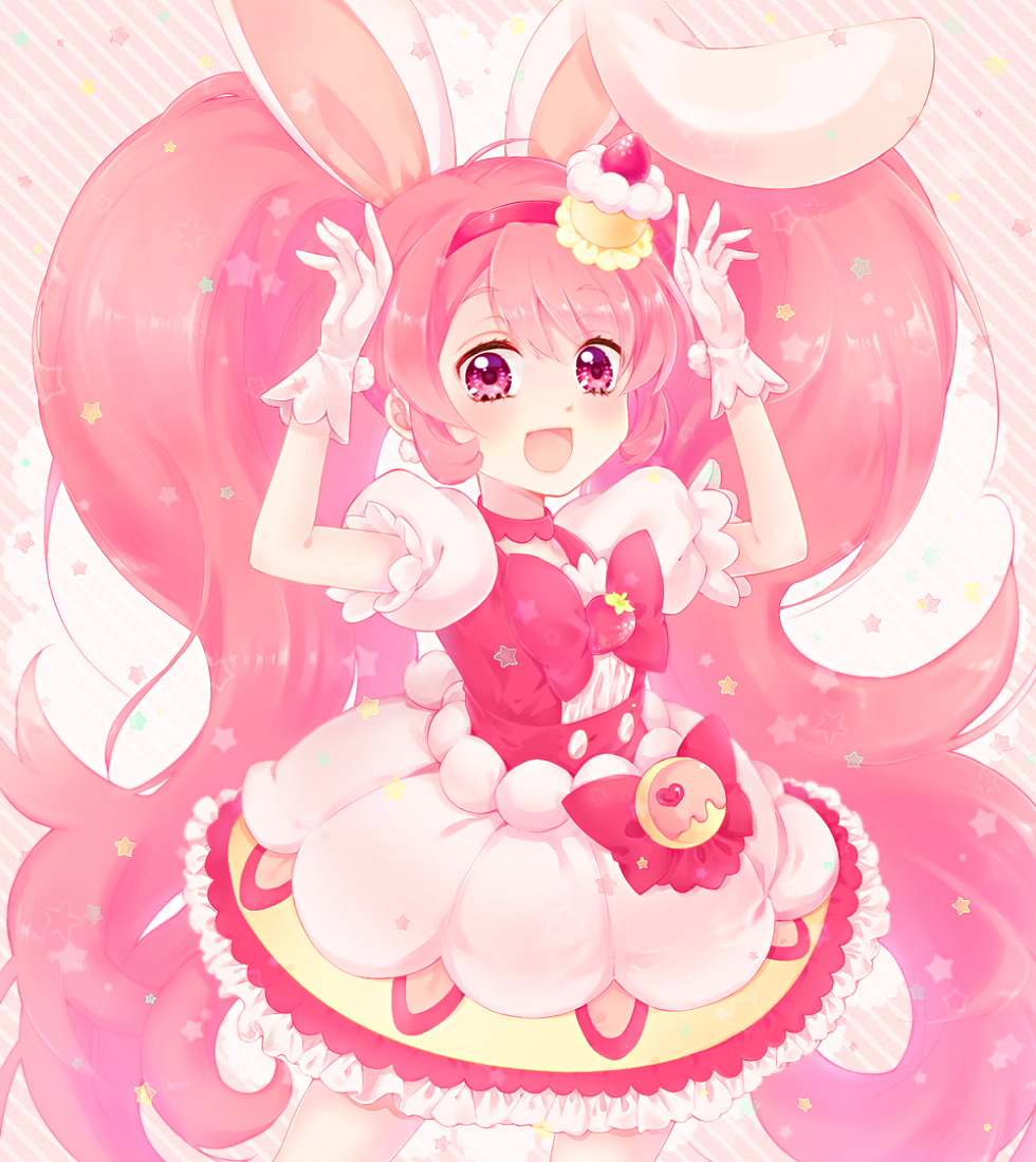 1girl :d animal_ears bow cake_hair_ornament choker cowboy_shot cure_whip dress food_themed_hair_ornament gloves hair_ornament hairband kashitani_futaba kirakira_precure_a_la_mode long_hair looking_at_viewer magical_girl open_mouth pink pink_background pink_bow pink_eyes pink_hair pink_hairband pink_neckwear precure puffy_sleeves rabbit_ears smile solo striped striped_background twintails usami_ichika white_dress white_gloves