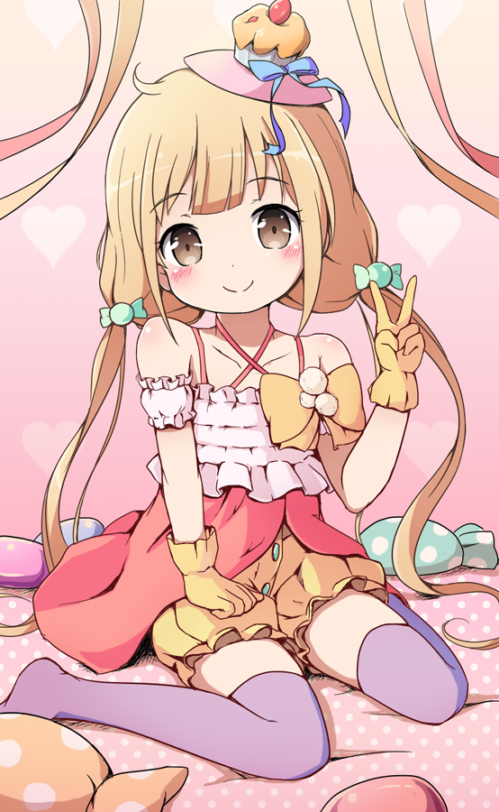 1girl bangs bare_shoulders blonde_hair blue_bow blue_ribbon blush bow brown_eyes candy_hair_ornament candy_wrapper closed_mouth collarbone commentary_request dress eyebrows_visible_through_hair food_themed_clothes food_themed_hair_ornament frilled_shorts frills futaba_anzu gloves hair_ornament halter_top halterneck hand_up hat head_tilt heart heart_background idolmaster idolmaster_cinderella_girls long_hair looking_at_viewer low_twintails mini_hat nekono_rin no_shoes pillow pink_background pink_dress polka_dot polka_dot_pillow puffy_short_sleeves puffy_shorts puffy_sleeves purple_legwear ribbon short_sleeves shorts sitting smile solo sweet2_happy thigh-highs twintails v very_long_hair wariza yellow_bow yellow_gloves yellow_shorts