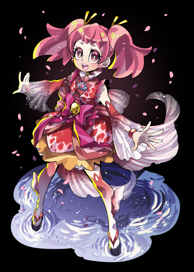 1girl :d black_background bright_pupils brooch detached_sleeves earrings full_body japanese_clothes jewelry kimono looking_at_viewer ninomae open_mouth pink_eyes pink_hair precure precure_dream_stars sakura_(precure) sandals see-through short_hair simple_background smile solo standing thigh-highs twintails