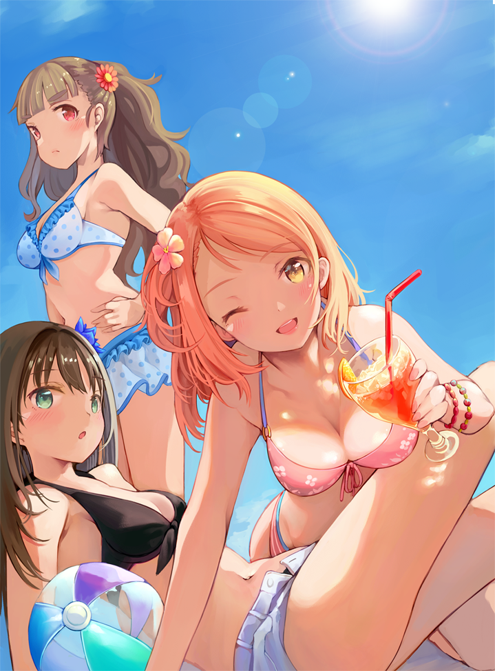 3girls :o ;d all_fours arm_support ball bangs bare_arms bare_shoulders beachball bikini bikini_skirt bikini_top black_bikini_top blue_bikini blue_sky blunt_bangs blush bracelet breasts brown_hair cleavage closed_mouth clouds cup day drinking_glass drinking_straw flower foreshortening frilled_bikini frills from_side front-tie_bikini front-tie_top green_eyes hair_flower hair_ornament hand_on_hip heri holding holding_drinking_glass houjou_karen idolmaster idolmaster_cinderella_girls jewelry kamiya_nao knees_up lens_flare light_brown_hair lips long_hair looking_at_viewer looking_to_the_side lying medium_breasts multiple_girls navel on_back one_eye_closed open_fly open_mouth orange_hair outdoors pink_bikini red_eyes shibuya_rin shiny shiny_hair short_shorts shorts sky small_breasts smile standing stomach sunlight swept_bangs swimsuit tareme thighs unbuttoned wavy_mouth white_shorts yellow_eyes