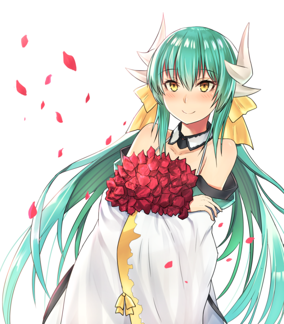 1girl bare_shoulders bow dragon_horns fate/grand_order fate_(series) flower hair_bow holding holding_flower horns japanese_clothes kimono kiyohime_(fate/grand_order) kiyohime_(swimsuit_lancer)_(fate) long_hair mizoredama off_shoulder simple_background solo twintails white_background wide_sleeves yellow_bow yellow_eyes