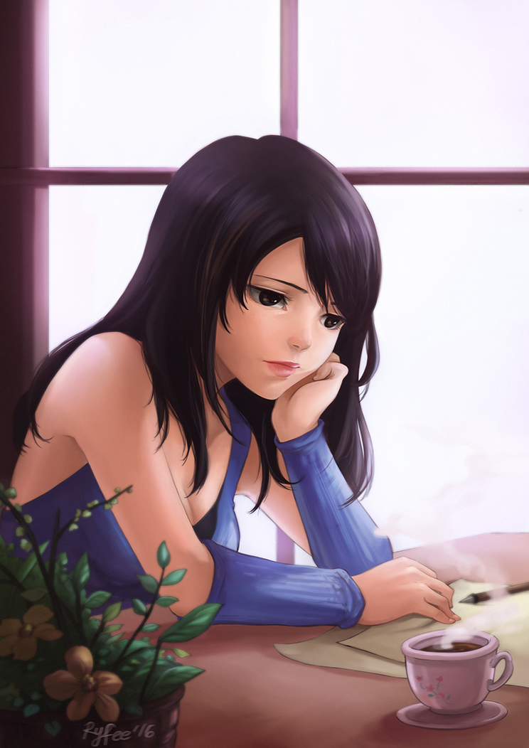 1girl :p arm_warmers black_hair breasts brown_eyes cleavage felia_hanakata final_fantasy final_fantasy_viii long_hair open_clothes rinoa_heartilly sleeveless solo tongue tongue_out undershirt