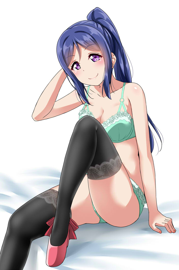 1girl aqua_bra aqua_panties bed_sheet black_legwear blue_hair bra breasts cleavage commentary_request eyebrows_visible_through_hair high_heels knee_up lace lace-trimmed_thighhighs light_blush lingerie long_ponytail looking_at_viewer love_live! love_live!_sunshine!! matsuura_kanan medium_breasts midriff panties ponytail red_footwear sitting smile solo thigh-highs underwear underwear_only violet_eyes yopparai_oni