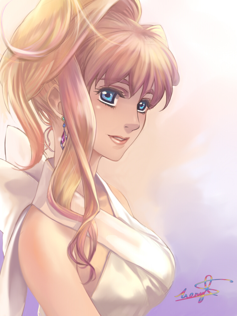 1girl blonde_hair blue_eyes character_name collarbone earrings from_side jewelry long_hair looking_at_viewer macross macross_frontier miruhito_(sakiomiruhito) parted_lips sheryl_nome sleeveless smile solo upper_body