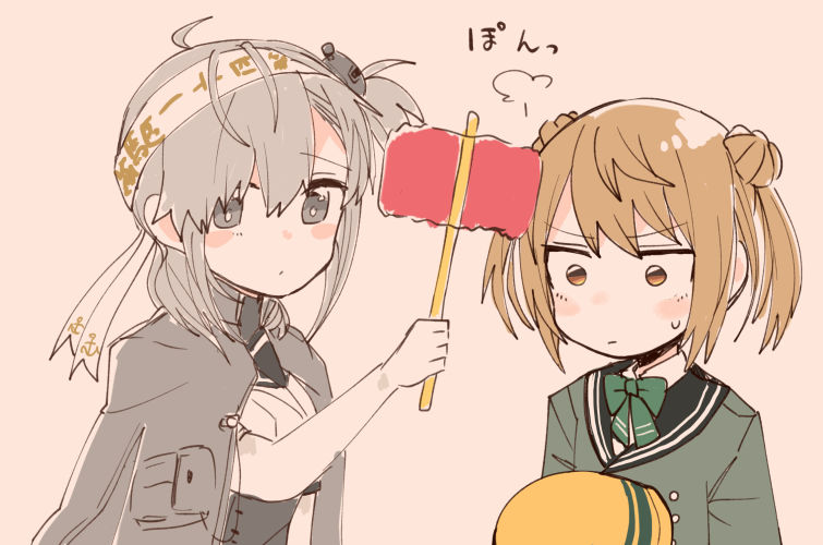 2girls blush_stickers brown_eyes brown_hair collared_shirt colored double_bun eyebrows_visible_through_hair hachimaki headband headgear helmet itomugi-kun jacket kantai_collection michishio_(kantai_collection) multiple_girls ribbon sailor_collar school_uniform shirt sidelocks silver_hair simple_background suzutsuki_(kantai_collection) sweatdrop toy toy_hammer twintails