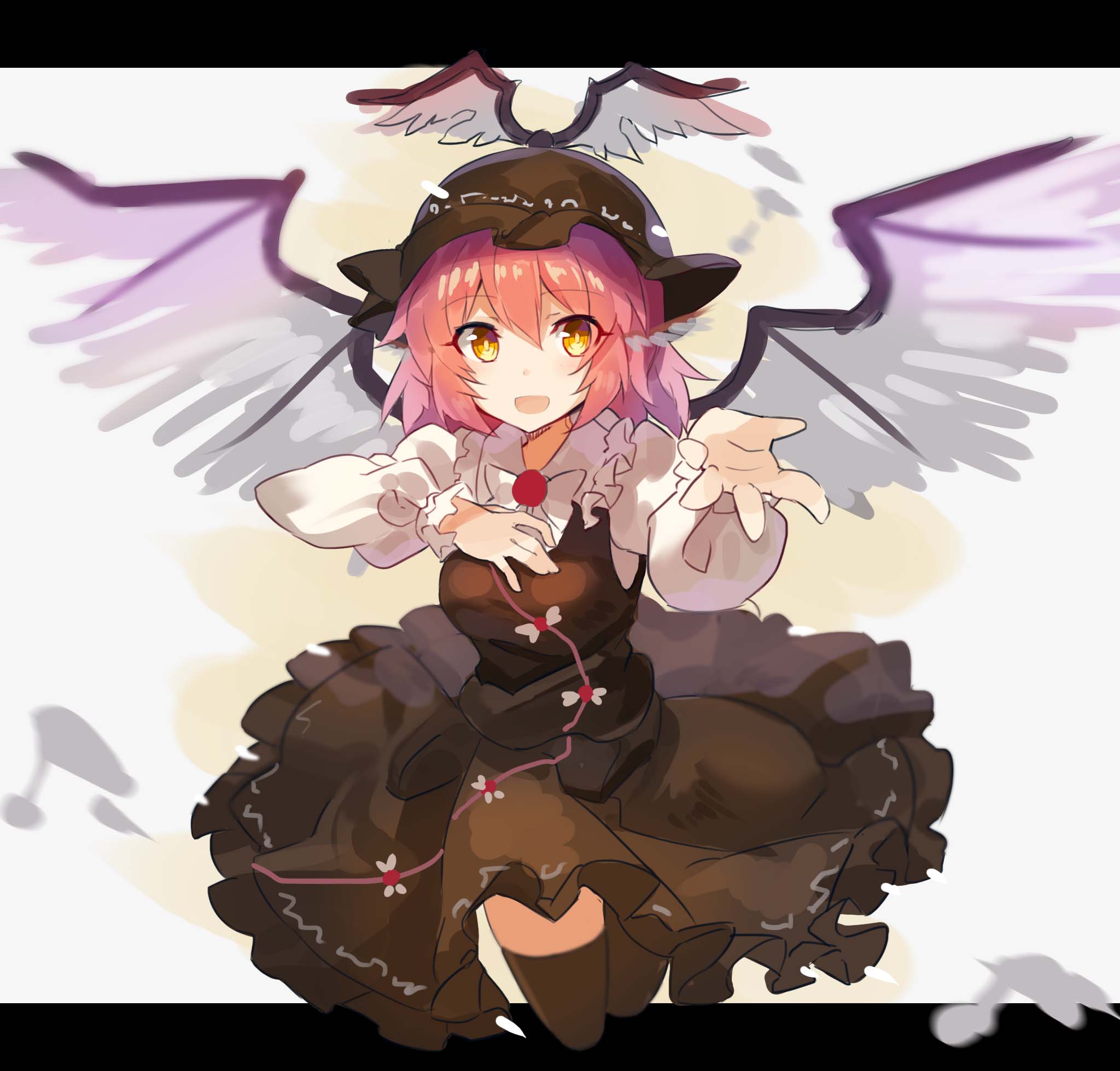 1girl :d animal_ears bent_knees bird_wings black_legwear breasts brown_dress dress foreshortening full_body hair_between_eyes hat highres long_sleeves looking_at_viewer medium_breasts mystia_lorelei open_mouth pink_hair rin_falcon smile solo thigh-highs touhou wings yellow_eyes