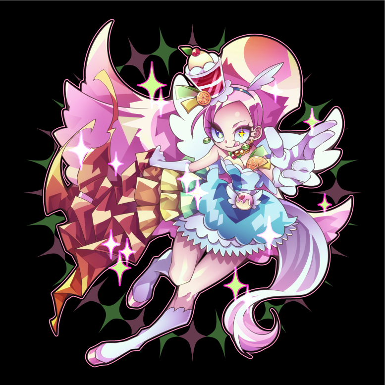 1girl :q black_background blue_dress blue_eyes boots cure_parfait dress elbow_gloves food_themed_hair_ornament full_body gloves hair_ornament hairband horse_tail kirahoshi_ciel kirakira_precure_a_la_mode knee_boots layered_dress long_hair looking_at_viewer magical_girl ninomae pink_hair precure rainbow_order simple_background solo tail tongue tongue_out white_footwear white_gloves wide-eyed