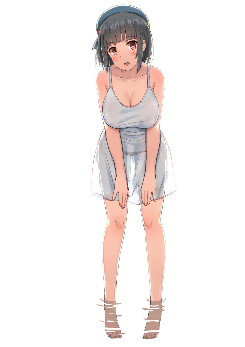 1girl :d bangs bare_arms bare_legs bare_shoulders barefoot beret black_hair blue_hat blush breasts dress eyebrows_visible_through_hair groin hanging_breasts hat highres kantai_collection large_breasts leaning_forward legs_apart legs_up open_mouth red_eyes revision see-through short_hair simple_background sleeveless sleeveless_dress smile soaking_feet soil_chopsticks solo standing sundress takao_(kantai_collection) tareme toes water white_background white_dress