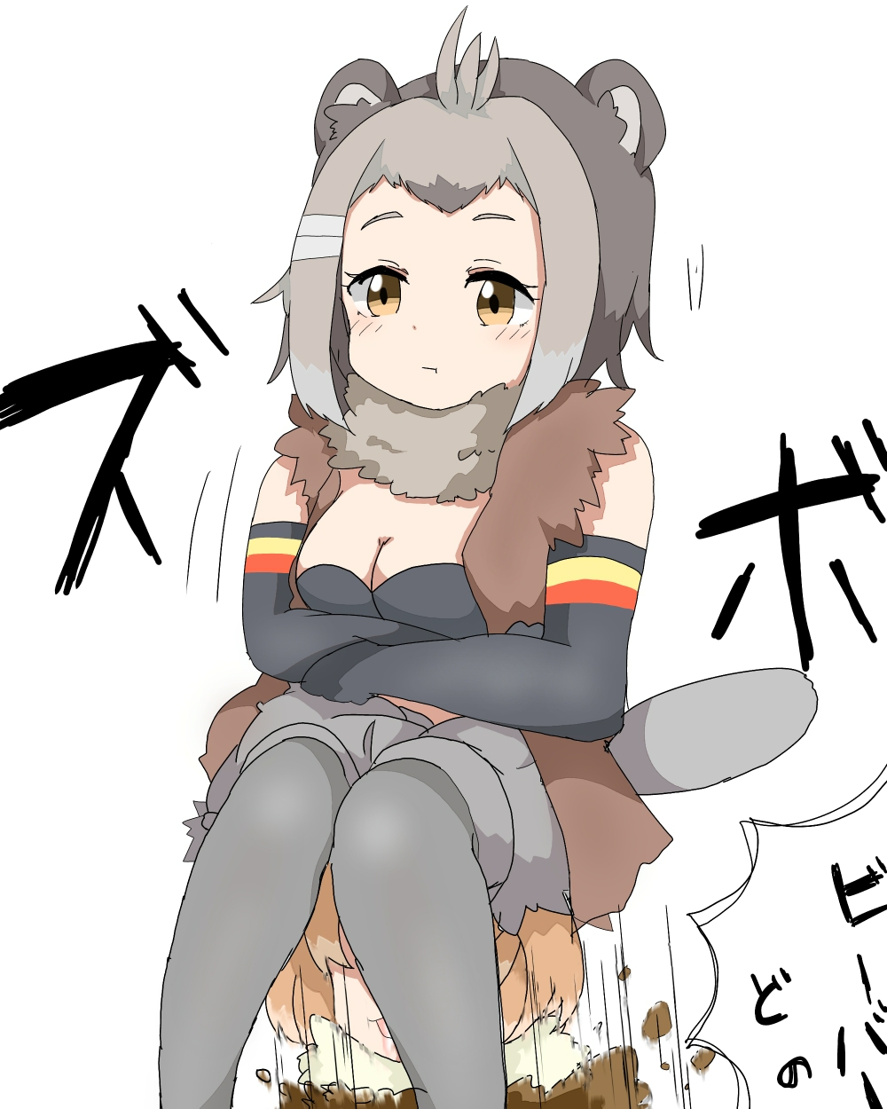2girls :t american_beaver_(kemono_friends) beaver_ears beaver_tail black-tailed_prairie_dog_(kemono_friends) breasts brown_eyes cleavage commentary_request crossed_arms digging elbow_gloves fur_collar gloves grey_legwear highres kemono_friends kokuin multiple_girls pantyhose pout shorts sitting sitting_on_person sketch translation_request vest white_background