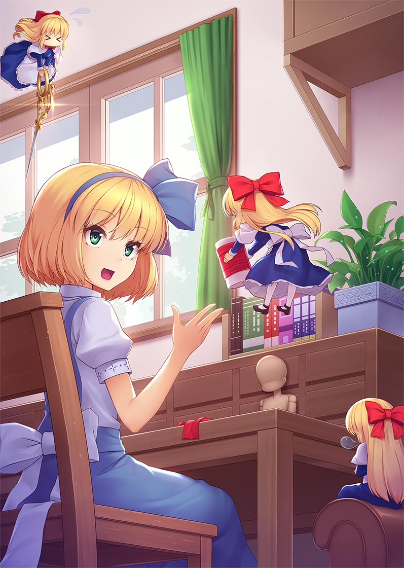 &gt;_&lt; 4girls :d alice_margatroid alice_margatroid_(pc-98) apron athrun1120 black_footwear blonde_hair blue_dress blue_hairband blue_ribbon blush book bow bubble cabinet carrying chair curtains day desk doll dress eyebrows_visible_through_hair flying flying_sweatdrops glint green_eyes hair_bow hair_ribbon hairband hand_up indoors leaning_forward long_hair long_sleeves looking_to_the_side minigirl multiple_girls open_mouth pantyhose pinafore_dress plant potted_plant puffy_short_sleeves puffy_sleeves red_bow ribbon scissors shanghai_doll shirt short_hair short_sleeves sitting sleeping sleeping_upright smile touhou touhou_(pc-98) very_long_hair waist_apron white_apron white_bow white_legwear white_shirt window