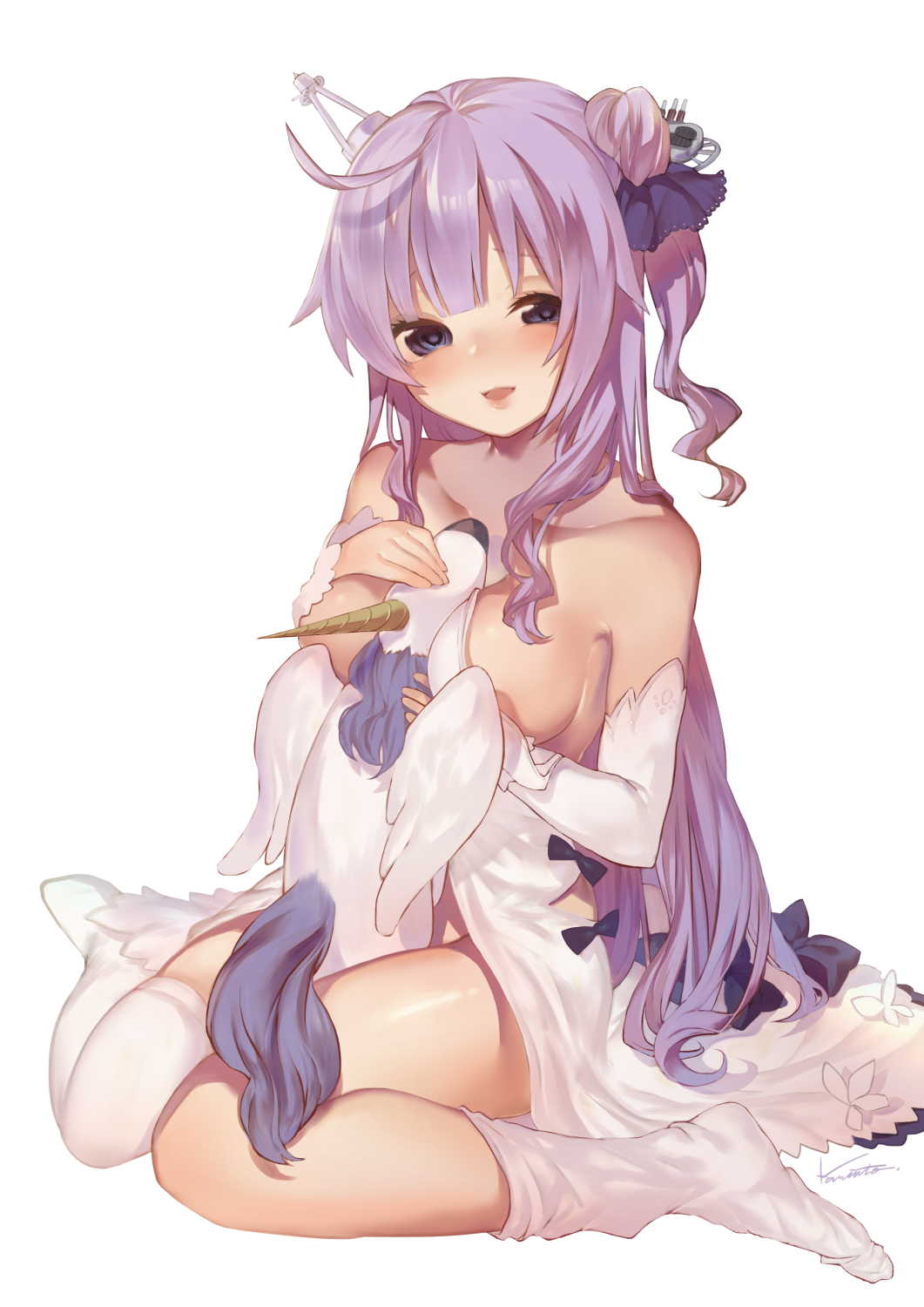 1girl armpit_peek azur_lane bangs bare_shoulders between_breasts between_legs black_bow black_ribbon blush bow breasts collarbone commentary_request detached_sleeves dress full_body hair_bun hair_ornament hair_ribbon hands_up head_tilt highres karinto_yamada long_hair long_sleeves looking_at_viewer medium_breasts no_shoes one_side_up parted_lips purple_hair ribbon side_bun simple_background sitting smile solo strapless strapless_dress stuffed_animal stuffed_pegasus stuffed_toy thigh-highs thighhighs_pull unicorn_(azur_lane) very_long_hair violet_eyes white_background white_dress white_legwear
