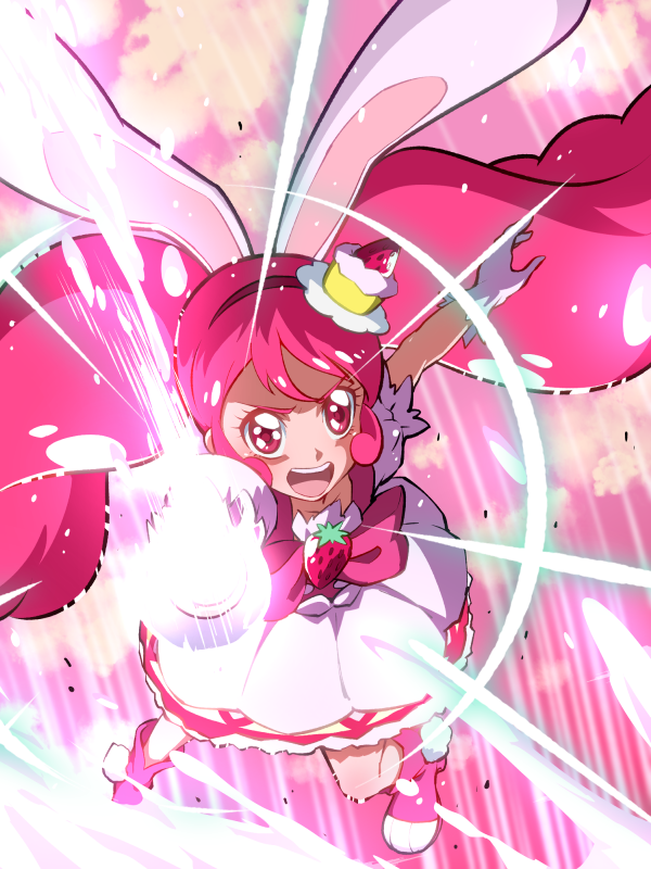 1girl angry animal_ears bow cake_hair_ornament cure_whip dress food_themed_hair_ornament from_above gloves hair_ornament hairband kirakira_precure_a_la_mode long_hair looking_at_viewer magical_girl open_mouth pink_background pink_bow pink_eyes pink_footwear pink_hair precure rabbit_ears serious shoes solo tj-type1 twintails usami_ichika white_dress white_gloves