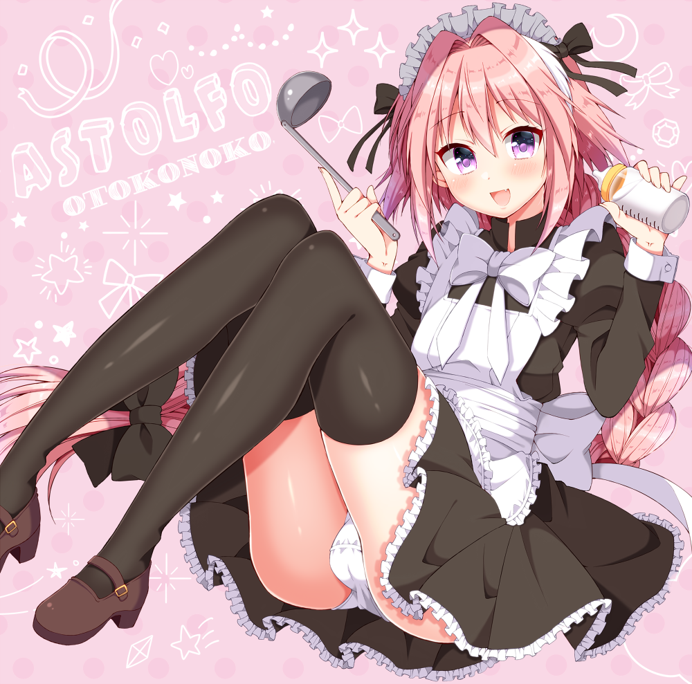 1boy :d alternate_costume astolfo_(fate) baby_bottle black_bow black_legwear blush bottle bow bowtie braid bulge character_name commentary_request enmaided eyebrows_visible_through_hair fang fate/apocrypha fate_(series) full_body hair_between_eyes hair_bow ladle long_hair looking_at_viewer maid maid_headdress open_mouth panties pantyshot pink_background pink_hair single_braid smile solo thigh-highs trap tsukudani_norio underwear very_long_hair violet_eyes white_neckwear white_panties