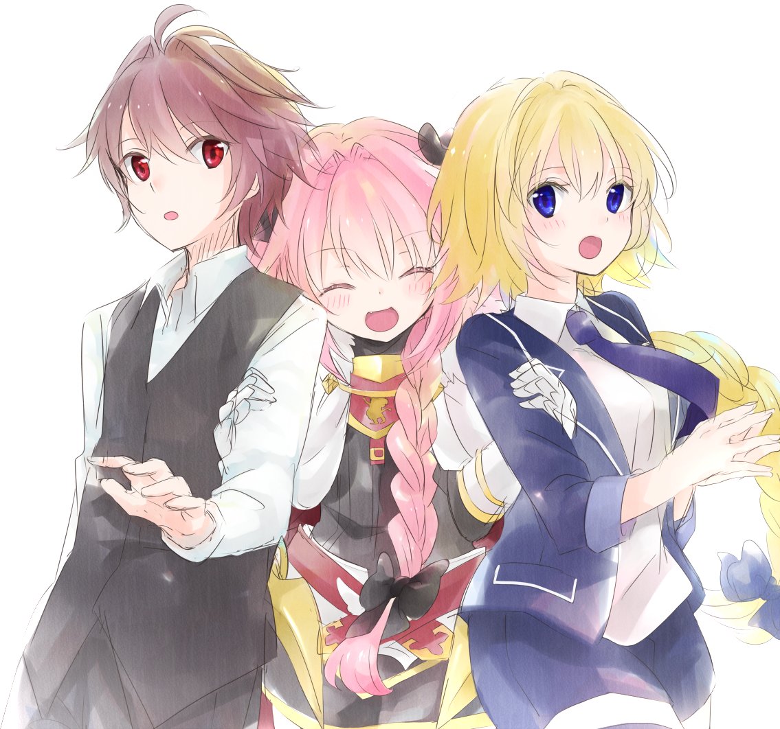 1girl 2boys :d :o ahoge armor armored_dress astolfo_(fate) bangs black_pants black_ribbon black_skirt blonde_hair blush blush_stickers braid breasts brown_hair cape cloak closed_eyes commentary eyebrows_visible_through_hair fangs fate/apocrypha fate_(series) fur_trim gauntlets hair_between_eyes hair_ornament hair_ribbon hands_on_another's_arms hug hug_from_behind jacket jeanne_d'arc_(fate) jeanne_d'arc_(fate)_(all) large_breasts locked_arms long_braid long_hair long_sleeves looking_back male_focus miyama_rikka multicolored_hair multiple_boys necktie open_clothes open_jacket open_mouth pants pink_hair purple_jacket purple_legwear purple_neckwear purple_ribbon purple_shorts red_eyes ribbon shirt short_hair short_shorts shorts sieg_(fate/apocrypha) single_braid skirt smile thigh-highs thighs trap turtleneck two-tone_hair uniform very_long_hair violet_eyes waistcoat white_cape white_cloak white_shirt yaoi