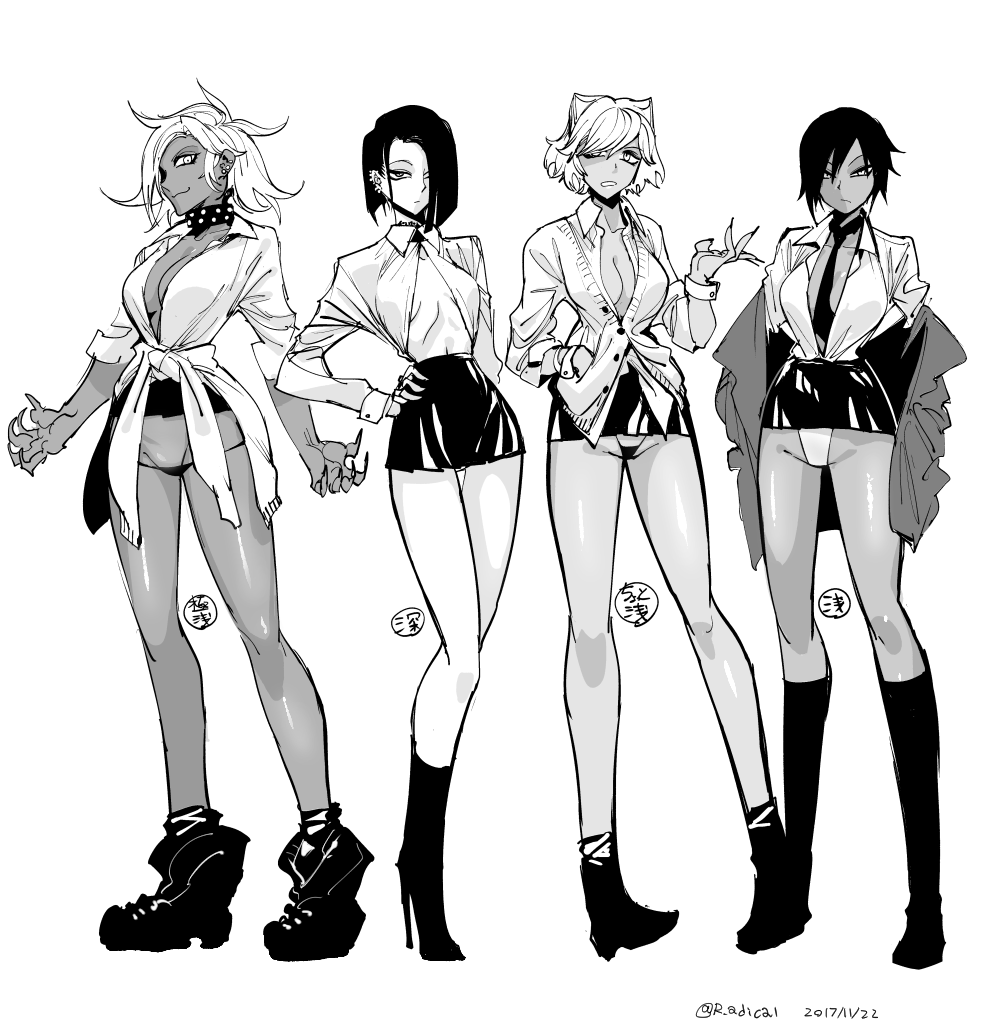 4girls :3 breasts cleavage collar dark_skin ear_piercing fingernails greyscale gyaru hair_over_one_eye hand_in_pocket hand_on_hip high_heels kneehighs looking_at_viewer mado_(mukade_tou) micro_panties monochrome multiple_girls necktie original panties piercing school_uniform sharp_fingernails short_hair simple_background skirt underwear white_background