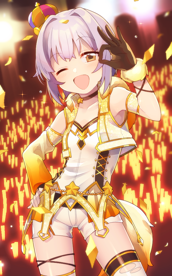 :d asymmetrical_clothes confetti cowboy_shot crown detached_sleeve hand_on_hip idol idolmaster idolmaster_cinderella_girls koshimizu_sachiko looking_at_viewer mini_crown no_nose ok_sign one_eye_closed open_mouth party_time_gold pen_light purple_hair short_hair shorts smile solo thigh-highs uso_(ameuzaki) yellow_eyes