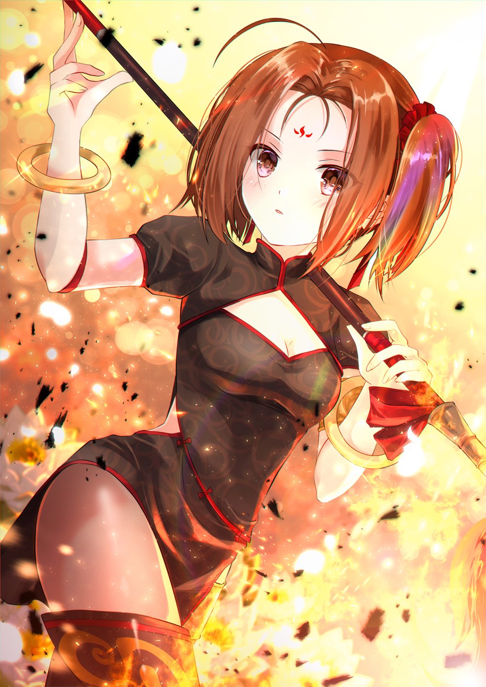 1girl ahoge bracelet brown_eyes brown_hair china_dress chinese_clothes cleavage_cutout dress facial_mark fate/grand_order fate_(series) flaming_weapon forehead_mark highres iroha_(shiki) jewelry nezha_(fate/grand_order) polearm spear twintails weapon