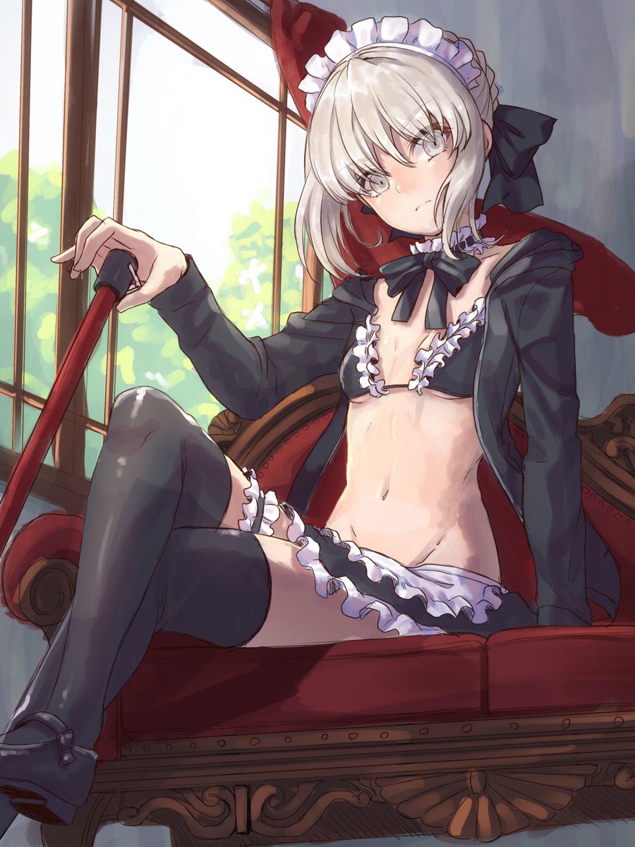 1girl apron arm_at_side artoria_pendragon_(all) artoria_pendragon_(swimsuit_rider_alter) bangs bikini bikini_top black_bikini black_bow black_footwear black_jacket black_legwear black_neckwear black_ribbon black_skirt blonde_hair blush bow bowtie breasts breasts_apart broom couch fate/grand_order fate_(series) frilled_bikini frilled_skirt frills groin hair_ribbon highres indoors jacket leg_garter legs_crossed long_sleeves looking_at_viewer maid_bikini maid_headdress mary_janes matsusatoru_kouji navel on_couch open_clothes open_jacket ribbon shoes skirt small_breasts solo stomach swimsuit thigh-highs under_boob v-shaped_eyebrows waist_apron white_apron window yellow_eyes