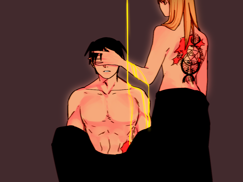 1boy 1girl back_turned bare_chest black_hair blindfold blonde_hair covering expressionless fingernails fullmetal_alchemist hand_on_another's_face long_hair nude nude_cover riza_hawkeye roy_mustang scar short_hair simple_background tattoo