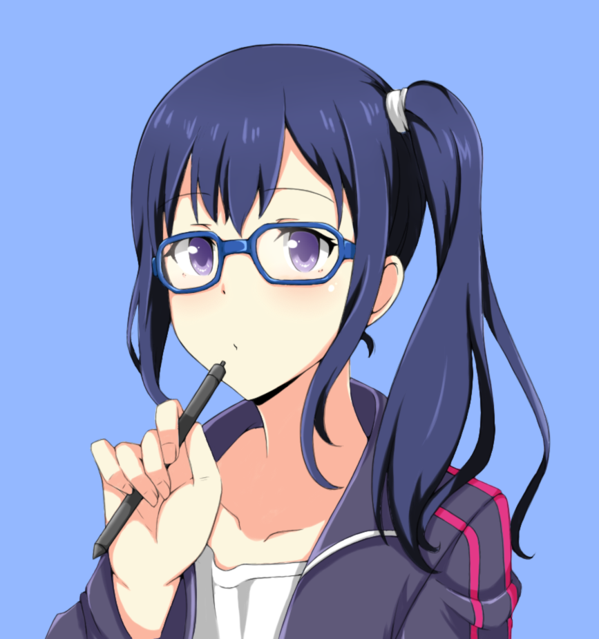 1girl blue-framed_eyewear blue_background blue_hair imai_midori looking_at_viewer medium_hair pencil rizkeith shirobako side_ponytail solo upper_body violet_eyes