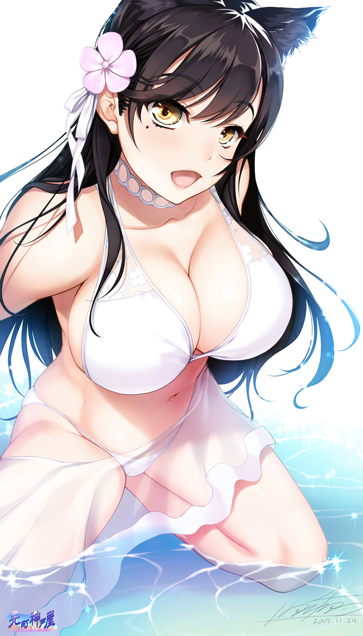 animal_ears atago_(azur_lane) azur_lane bangs bikini black_hair breasts choker cleavage commentary_request dated eyebrows_visible_through_hair flower hair_flower hair_ornament hair_ribbon highres hozumi_kaoru kneeling large_breasts mole mole_under_eye navel open_mouth ribbon sarong shiny shiny_hair signature swept_bangs swimsuit thighs water white_bikini white_ribbon yellow_eyes