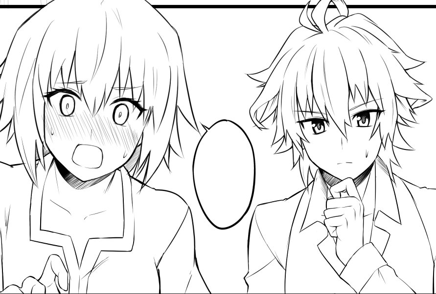 1boy 1girl ahoge bangs blush comic commentary couple eyebrows_visible_through_hair fate/apocrypha fate_(series) greyscale hand_on_own_chin hetero jeanne_d'arc_(fate) jeanne_d'arc_(fate)_(all) monochrome shirt short_hair sieg_(fate/apocrypha) speech_bubble sweat translation_request waistcoat