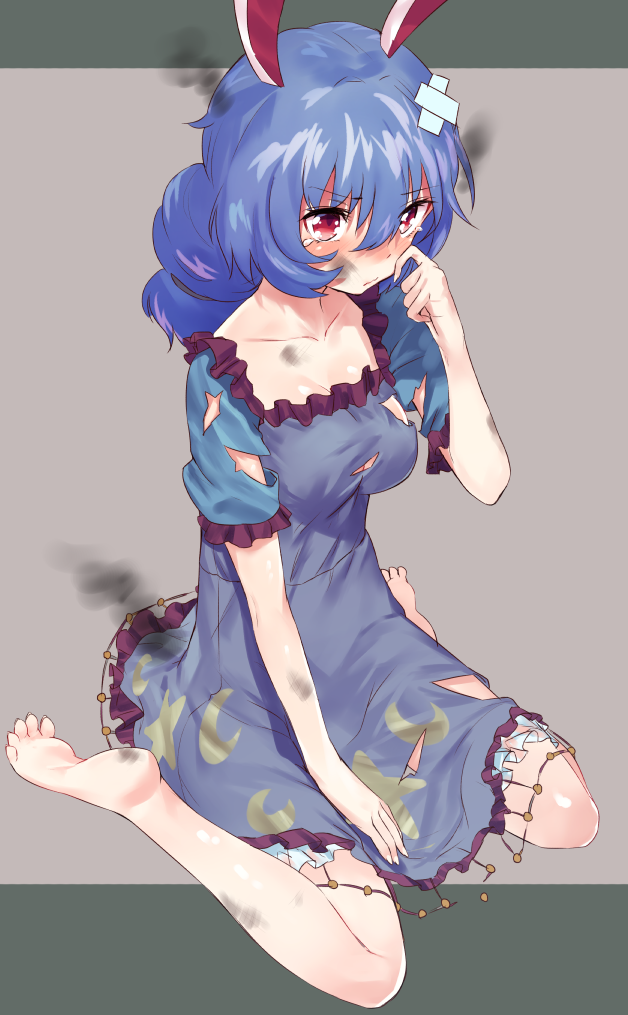 1girl animal_ears asuzemu bangs barefoot between_legs blue_dress blue_hair blush breasts cleavage closed_mouth commentary_request crescent crossed_bandaids dress eyebrows_visible_through_hair full_body hair_between_eyes hand_between_legs hand_up long_hair looking_at_viewer medium_breasts multicolored multicolored_background rabbit_ears red_eyes seiran_(touhou) short_sleeves sitting soles solo star star_print tears torn_clothes torn_dress touhou two-tone_background wariza