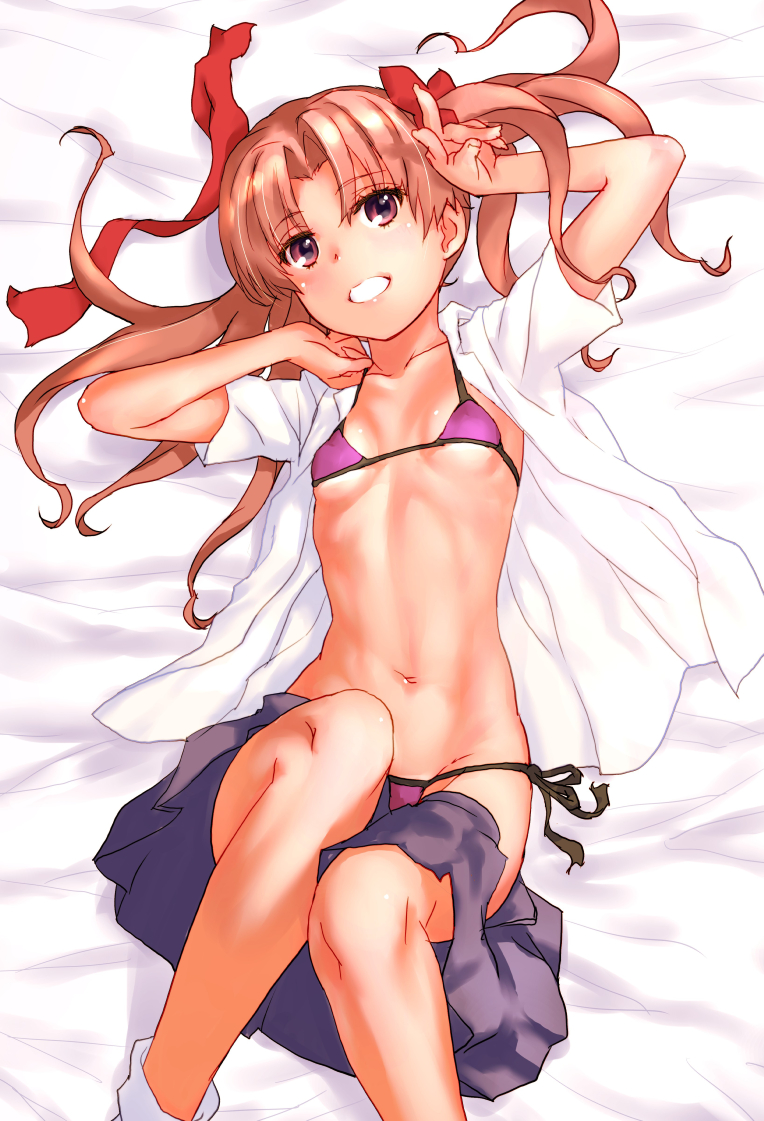 1girl :d arms_up bangs bare_legs bed_sheet bikini black_skirt blush body_blush breasts breasts_apart brown_eyes brown_hair clothes_removed eyebrows_visible_through_hair from_above hair_ribbon knees_up looking_at_viewer lying navel on_back on_bed open_clothes open_mouth open_shirt parted_bangs pink_bikini raika9 red_ribbon ribbon shirai_kuroko shirt side-tie_bikini skirt skirt_pull small_breasts smile solo swimsuit tan teeth thigh-highs to_aru_kagaku_no_railgun to_aru_majutsu_no_index twintails white_legwear white_shirt