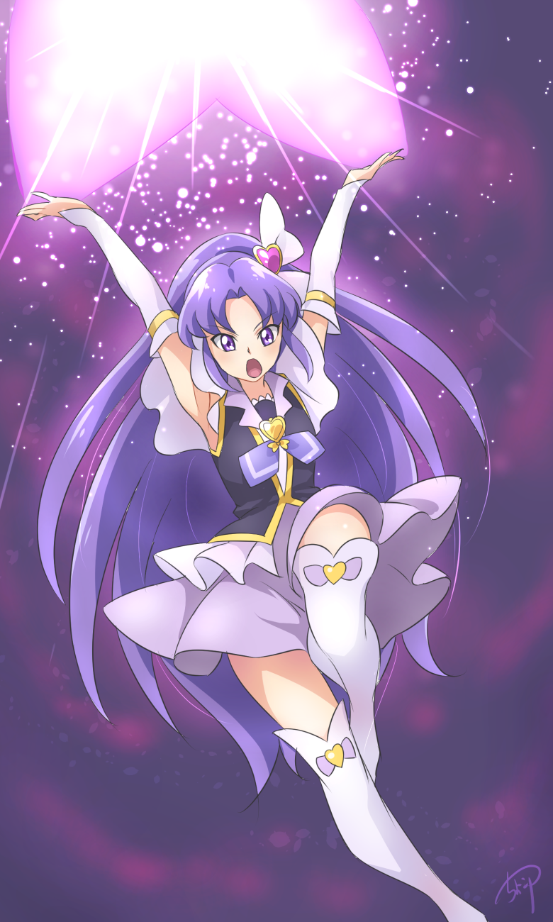 1girl :o arm_warmers arms_up boots brooch chocokin cure_fortune full_body hair_ornament happinesscharge_precure! heart_hair_ornament highres hikawa_iona jewelry long_hair magic magical_girl open_mouth precure purple purple_background purple_hair purple_skirt serious signature skirt solo star thigh-highs thigh_boots violet_eyes white_footwear