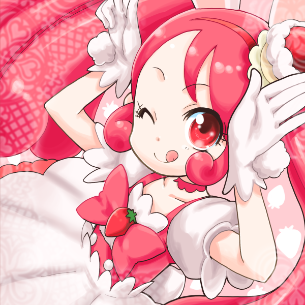1girl ;q animal_ears bow bunny_pose cake_hair_ornament choker cure_whip dress food_themed_hair_ornament gloves hair_ornament kirakira_precure_a_la_mode long_hair looking_at_viewer magical_girl one_eye_closed pink_bow pink_hair pink_neckwear precure puffy_sleeves rabbit_ears red_eyes smile solo suzushiro_seri tongue tongue_out twintails upper_body usami_ichika white_dress white_gloves