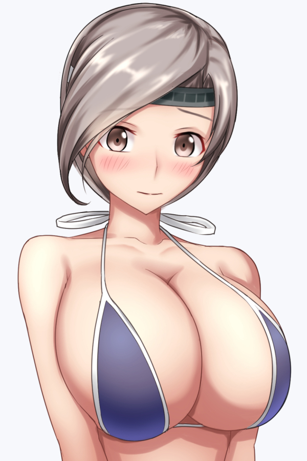 1girl black_headband blush breasts chitose_(kantai_collection) collarbone grey_background grey_eyes grey_hair headband huge_breasts kantai_collection long_hair simple_background solo tapisuke