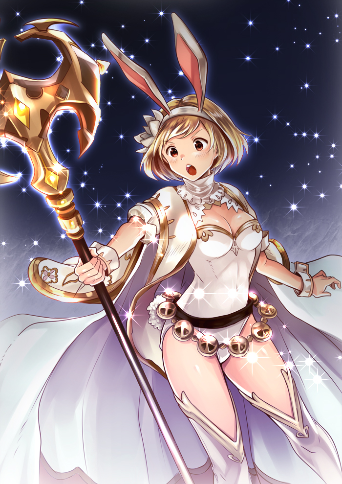 1girl alternate_costume animal_ears blonde_hair breasts cape cleavage detached_collar djeeta_(granblue_fantasy) fake_animal_ears flower granblue_fantasy hair_flower hair_ornament hairband leotard medium_breasts nanako_(nnk7) open_mouth orange_eyes rabbit_ears sage_(granblue_fantasy) sash short_hair solo sparkle thigh-highs white_legwear white_leotard wrist_cuffs