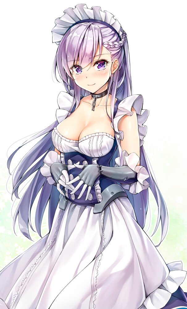 1girl arm_guards azur_lane bangs bare_shoulders belfast_(azur_lane) black_gloves blush braid breasts chains cleavage closed_mouth collar collarbone corset cowboy_shot double-breasted dress elbow_gloves eyebrows_visible_through_hair french_braid frills gloves gradient gradient_background green_background kotatsu_(kotatsu358) long_hair looking_at_viewer maid_headdress medium_breasts own_hands_together pink_hair sleeveless sleeveless_dress smile solo standing very_long_hair violet_eyes white_dress