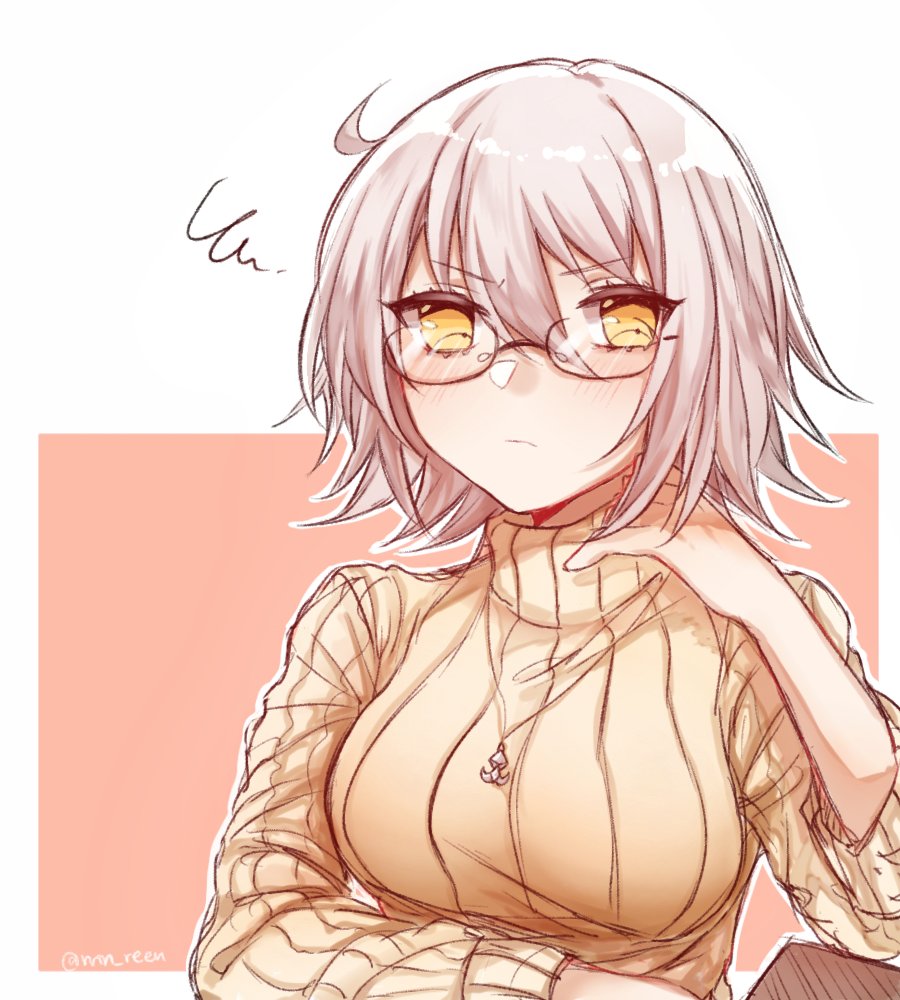 1girl adjusting_clothes ahoge alternate_costume bespectacled blush breasts casual closed_mouth fate/apocrypha fate_(series) glasses hair_between_eyes jeanne_d'arc_(alter)_(fate) jeanne_d'arc_(fate)_(all) jewelry long_sleeves looking_at_viewer medium_breasts necklace pendant ribbed_sweater rimless_eyewear short_hair silver_hair solo squiggle sweater twitter_username two-tone_background upper_body yellow_eyes yellow_sweater yukari__(bryleluansing)