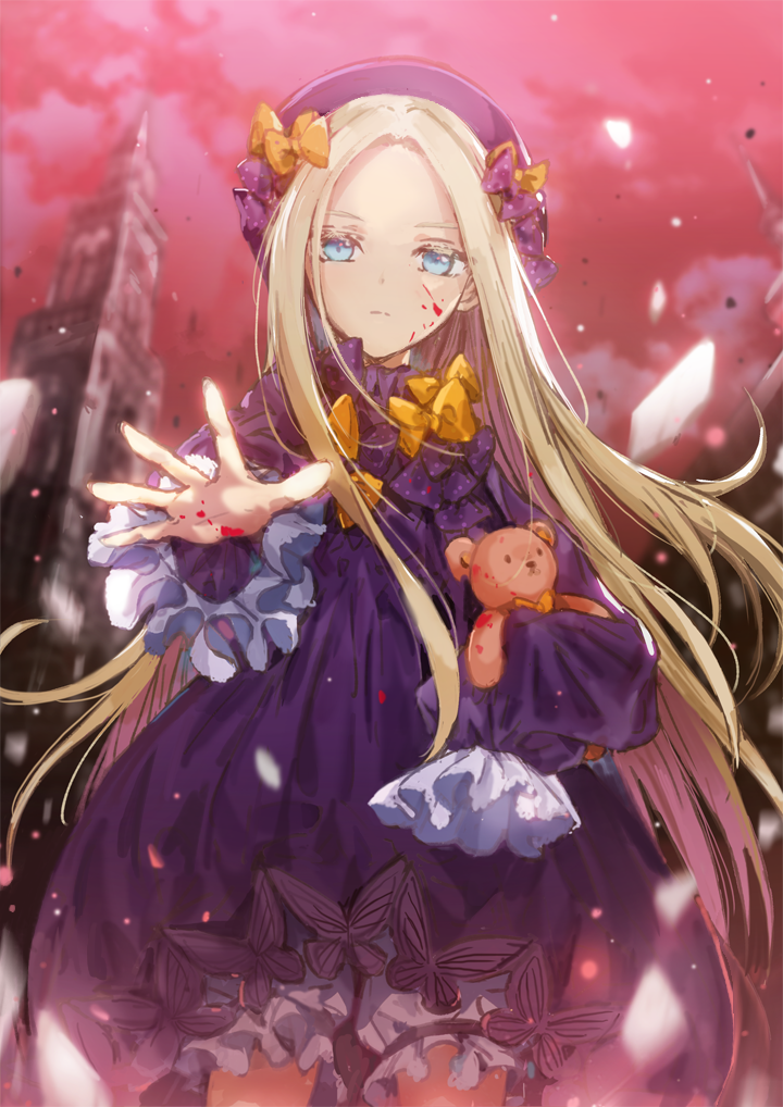 1girl abigail_williams_(fate/grand_order) beret blonde_hair blood blood_on_face blue_eyes blurry bow building butterfly clouds cowboy_shot dangmill depth_of_field dress fate/grand_order fate_(series) frilled_dress frilled_sleeves frills glass_shards hair_bow hat holding holding_stuffed_animal lolita_fashion long_hair long_sleeves looking_at_viewer outdoors outstretched_arm polka_dot polka_dot_bow red_sky sky sleeves_past_wrists solo stuffed_animal stuffed_toy teddy_bear too_many_bows very_long_hair