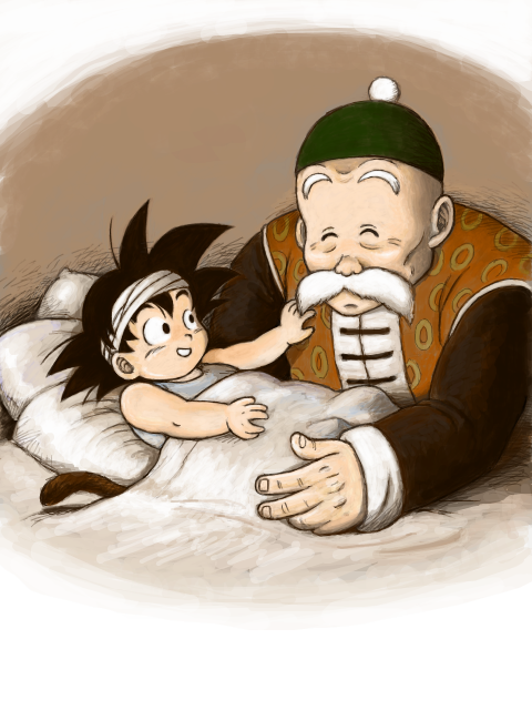 2boys bandage bed bed_sheet black_eyes black_hair brown_background chinese_clothes dragon_ball facial_hair grandfather_and_grandson grandpa_gohan happy hat looking_at_another male_focus masa_(p-piyo) multiple_boys mustache pillow shirt simple_background sleeveless smile son_gokuu spiky_hair tail under_covers white_background white_shirt