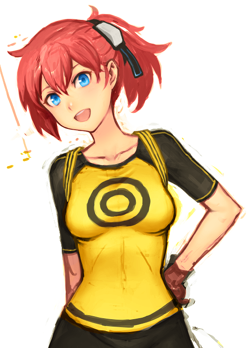 1girl aiba_ami black_skirt blue_eyes breasts collarbone digimon digimon_story:_cyber_sleuth getter_ichi gloves goggles goggles_on_head leaning_to_the_side looking_at_viewer medium_breasts open_mouth print_shirt raglan_sleeves redhead shirt side_ponytail skirt smile upper_body white_background yellow_shirt