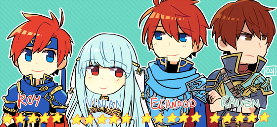 1girl armor bare_shoulders blue_hair cape chibi dress eliwood_(fire_emblem) father_and_son fire_emblem fire_emblem:_fuuin_no_tsurugi fire_emblem:_rekka_no_ken fire_emblem_heroes gloves hair_ornament long_hair looking_at_viewer mamkute mother_and_son ninian raven_(fire_emblem) red_eyes redhead roirence roy_(fire_emblem) short_hair smile