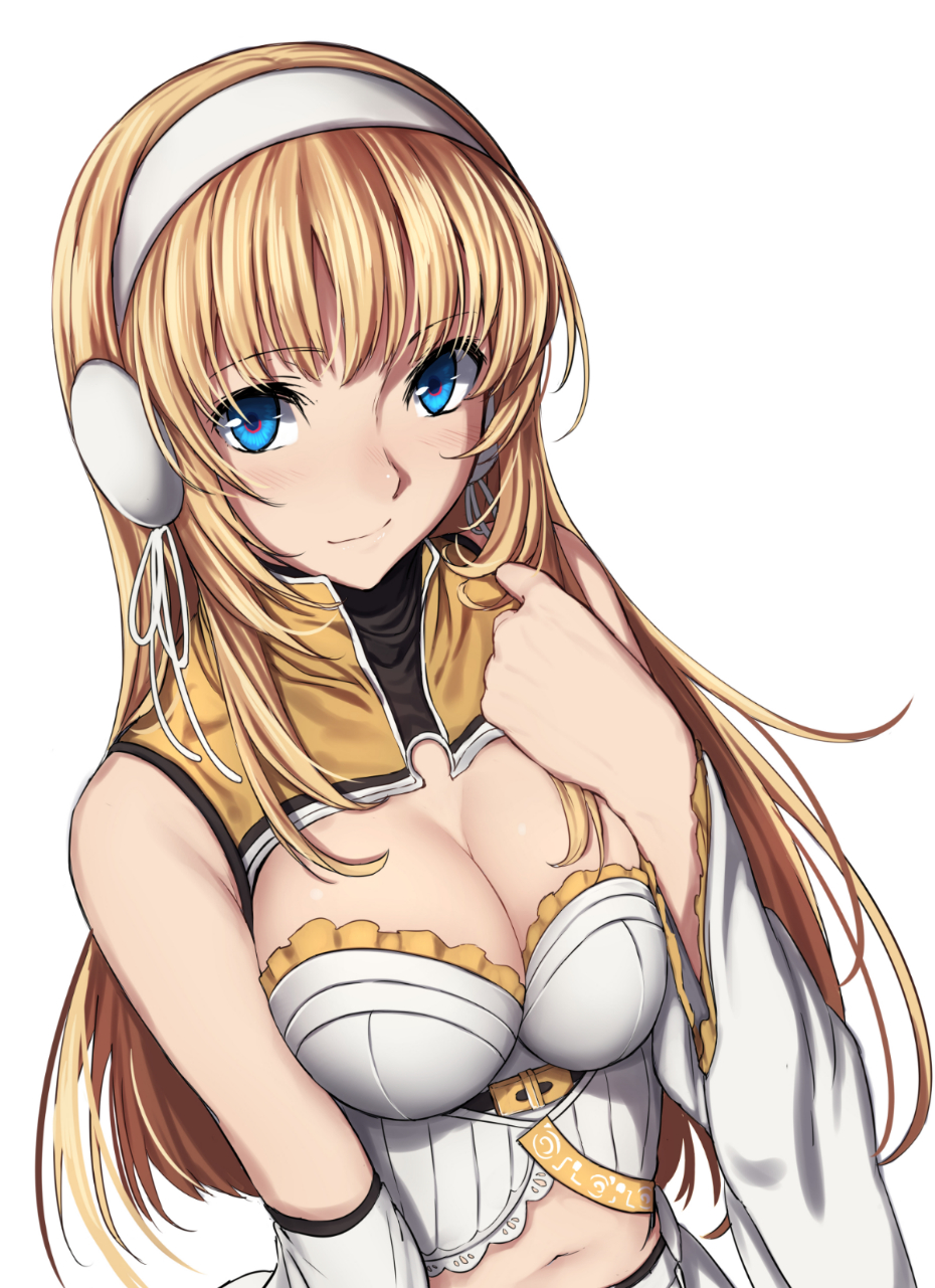 1girl bangs blonde_hair blue_eyes blush breasts cleavage closed_mouth detached_sleeves earmuffs eyebrows_visible_through_hair hairband hand_up highres ivlish_(star_ocean) large_breasts long_hair looking_at_viewer navel sblack simple_background smile solo star_ocean star_ocean_anamnesis upper_body white_background