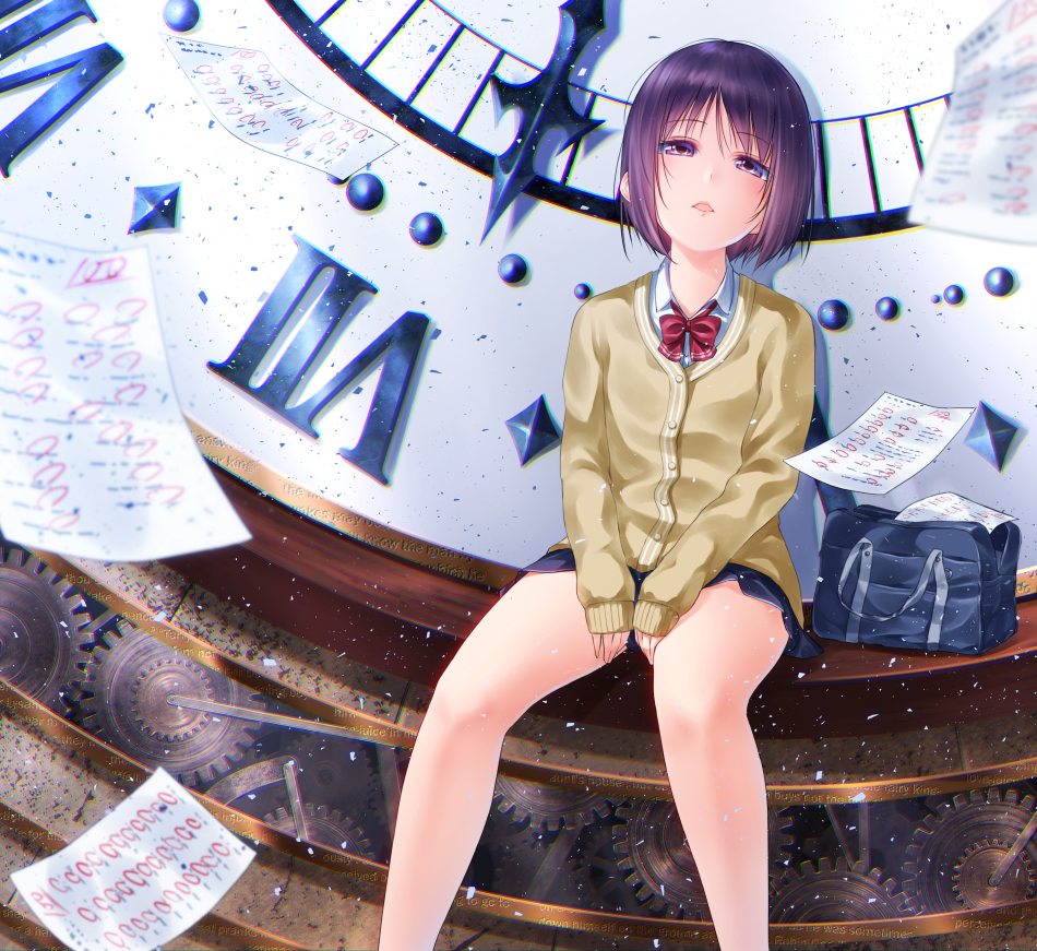 1girl black_eyes black_hair cardigan clock clockwork looking_at_viewer open_mouth original paper school_uniform short_hair sitting solo test yamaishi_nohi