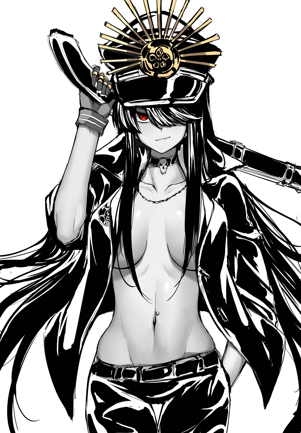 1girl breasts breasts_apart choker closed_mouth collarbone cowboy_shot demon_archer fate/grand_order fate_(series) gloves greyscale groin gun hair_over_one_eye hand_up hat highres holding holding_gun holding_weapon jacket jewelry k_jin long_hair looking_at_viewer monochrome musket navel navel_piercing necklace no_bra open_clothes open_jacket pants peaked_cap piercing red_eyes sidelocks sleeves_past_elbows sleeves_pushed_up smirk solo spot_color standing stomach thigh_gap tsurime very_long_hair weapon