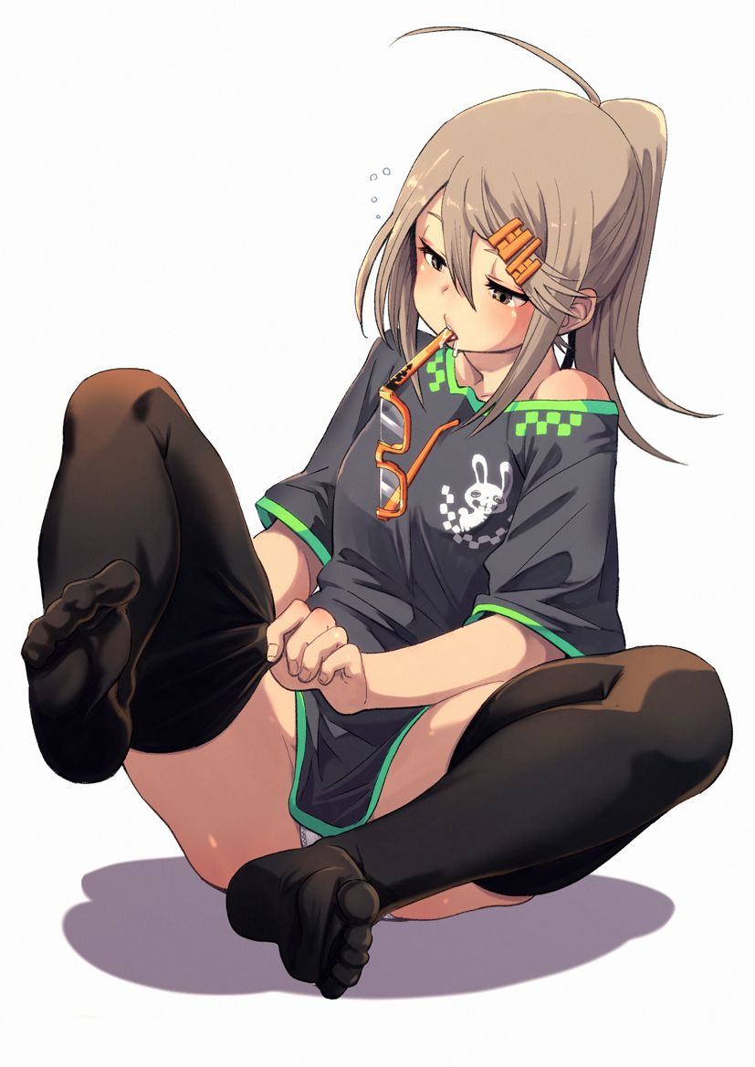 1girl adjusting_clothes adjusting_legwear ahoge black_legwear black_shirt blush brown_eyes brown_hair feet fu-ta glasses hair_between_eyes hair_ornament hairclip jitome long_hair mouth_hold no_shoes original panties pantyshot pantyshot_(sitting) ponytail shirt sidelocks sitting soles solo thigh-highs toes under-rim_eyewear underwear usami_taiga white_panties