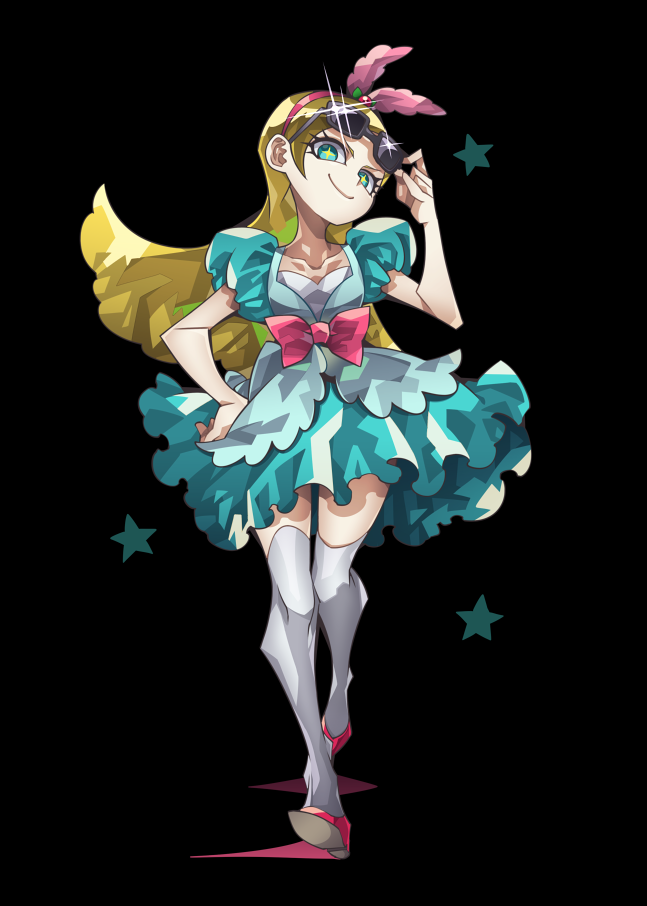 1girl black_background blonde_hair blue_dress bow closed_mouth collarbone dress green_eyes hairband hand_on_hip kirahoshi_ciel kirakira_precure_a_la_mode long_hair looking_at_viewer ninomae pink_bow precure puffy_sleeves red_footwear red_hairband shoes simple_background smile solo star sunglasses thigh-highs walking white_legwear zettai_ryouiki