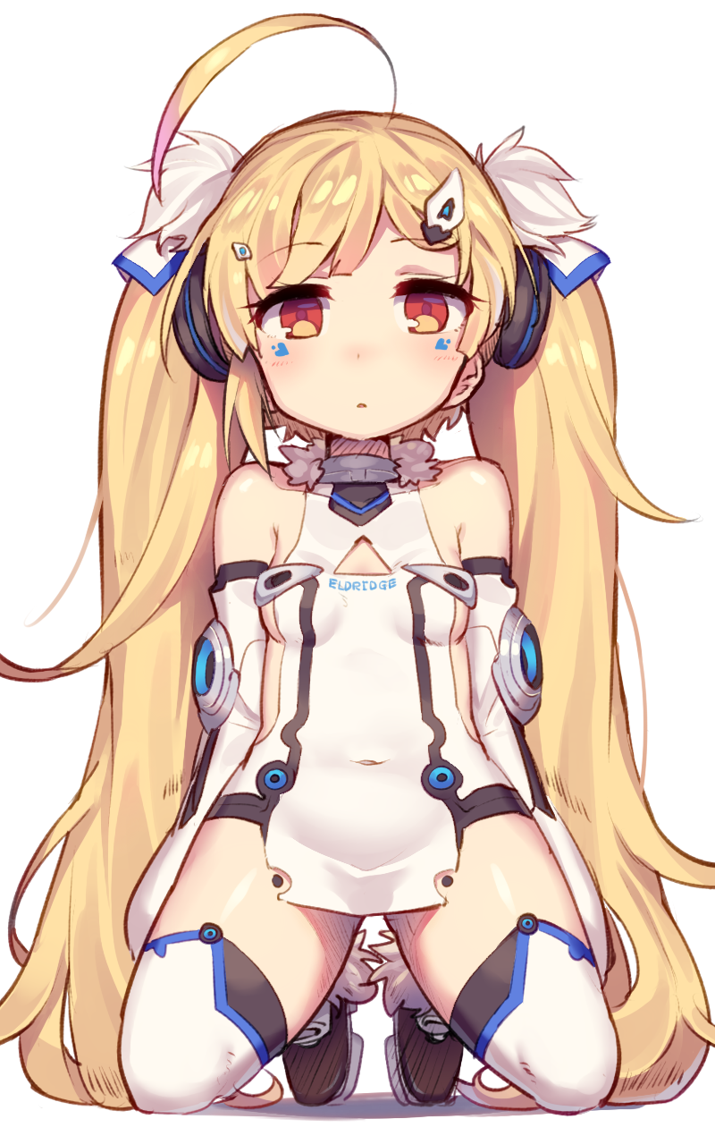 1girl ahoge azur_lane bangs bare_shoulders blank_stare blonde_hair blunt_bangs breasts covered_navel detached_sleeves eldridge_(azur_lane) expressionless eyebrows_visible_through_hair facial_mark full_body fur_trim hair_ornament hairpin highres jitome kneeling long_hair looking_at_viewer parted_lips red_eyes shoes simple_background small_breasts solo thigh-highs thighhighs tied_hair twintails two_side_up very_long_hair wagashi928 white_background white_legwear