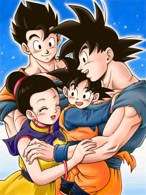 1girl 3boys :d black_eyes black_hair blue_background bracelet brothers chi-chi_(dragon_ball) chinese_clothes closed_eyes couple crying dougi dragon_ball dragonball_z earrings family father_and_son happy hetero hug jewelry looking_at_another masa_(p-piyo) mother_and_son multiple_boys open_mouth siblings simple_background smile son_gohan son_gokuu son_goten tears tied_hair wristband